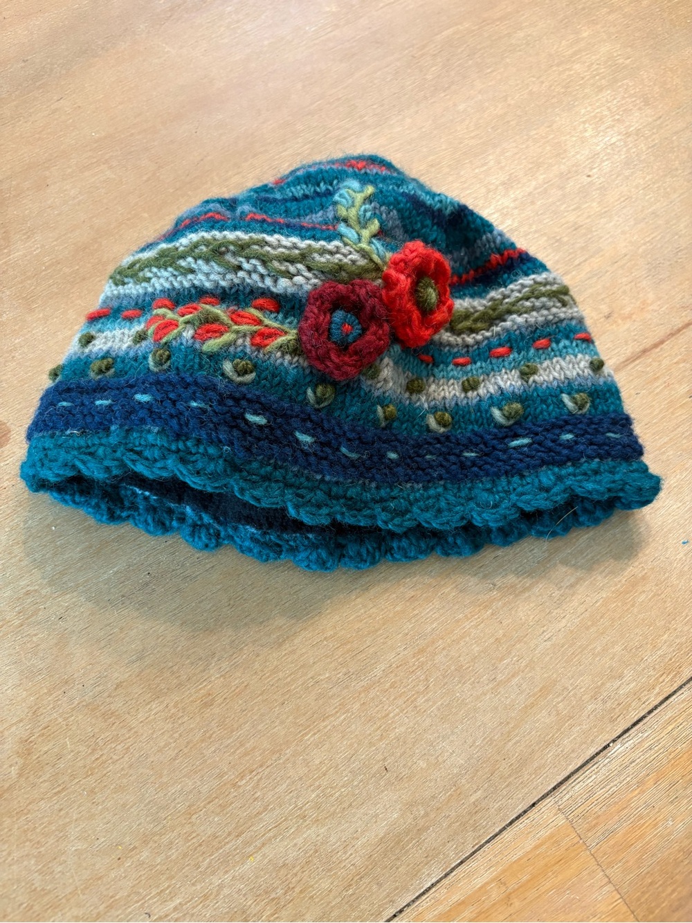 Hand-Knit Teal Floral Embroidered Wool Beanie